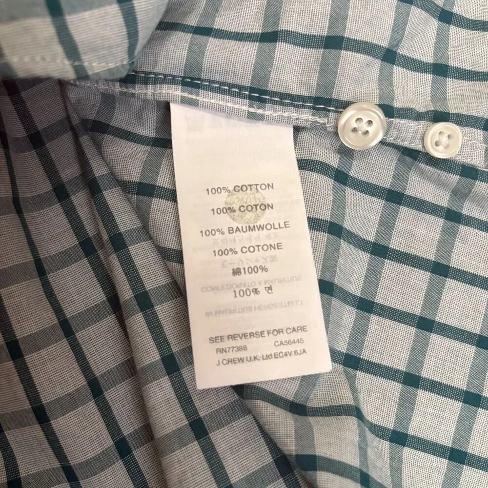 J. Crew‎ Slim Fit Button Down Blue Teal Windowpane Plaid 100% Cotton Size Medium